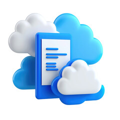 3D illustration of blue and white clouds surrounding a document, representing cloud storage and document management. The design emphasizes digital file storage and accessibility in a cloud environment