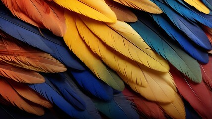 Fototapeta premium Vibrant feather texture, blue and yellow macaw feathers, masterpiece of nature's colors, background