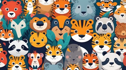 Obraz premium Cartoon faces of various animal species, patterns and backgrounds.