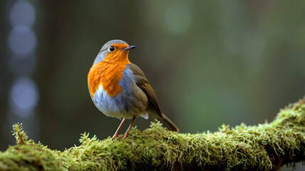 Fototapeta premium A red-breasted robin perches on a garden branch, its orange beak contrasting against lush green foliage