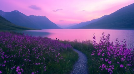 Naklejka premium Purple Sunset over a Mountain Lake