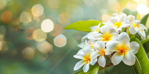Fototapeta premium Close up of frangipani flowers blurred green foliage Tropical park or garden romantic nature flowers 