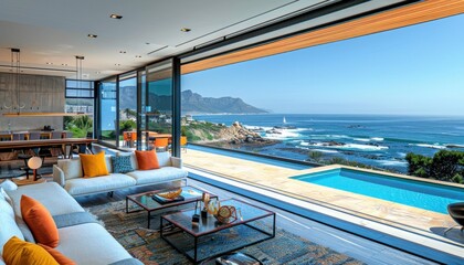 Obraz premium This stunning living room features gorgeous ocean views and an elegant, luxurious pool