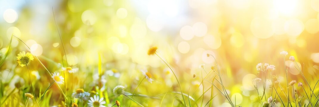 Abstract spring summer landscape background featuring fresh green grass, vibrant flowers, and sunny sky. Soft pastel colors blend together in a serene scene.