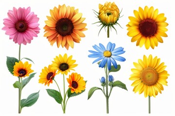 Collection of 2D and 3D Vector Flat Abstract Minimalistic Art of Flowers and Meadow Isolated on a White Background