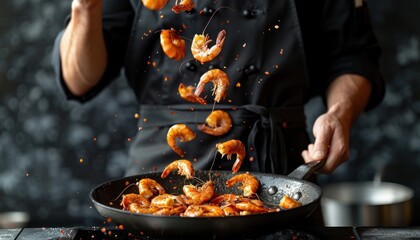 A skilled chef is cooking delicious shrimp in a hot frying pan on the stove right now