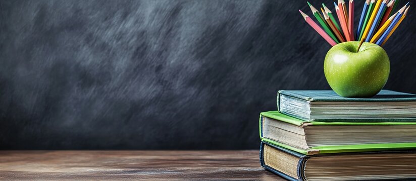 An apple and several colored pencils on a desk, with books stacked in a pencil quarter view style against a dark green chalkboard background providing copy space.