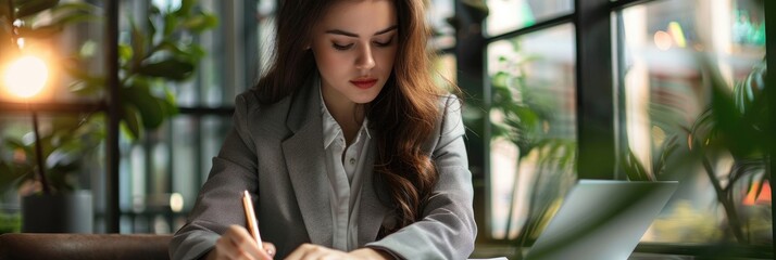 Professional businesswoman in stylish suit at desk clearing tasks taking notes and working on project