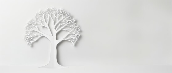 Naklejka premium Paper art tree in winter, adorned with bare branches and a light dusting of snow, sunlight filtering through