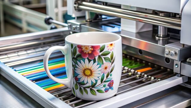 Mug printing process with custom design being printed on white ceramic mug, mug, printing, custom, design, white