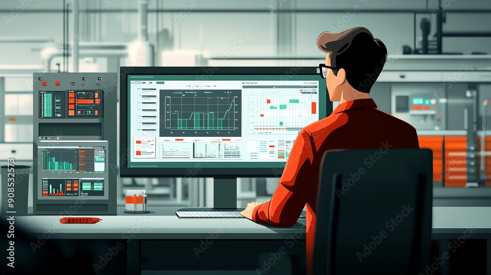 Aufkleber Man Working at Computer with Data Analysis on Screen.
