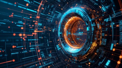 Obraz premium Abstract digital tunnel showcasing vibrant streams of light and data, representing technology and innovation in a futuristic setting.