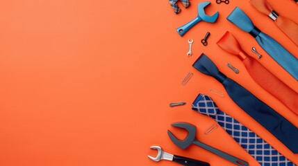 Website banner highlighting Fathers Day, with bold icons of ties and tools on either side, and a spacious area for personalized notes , Modern explosion of fatherly love and respect