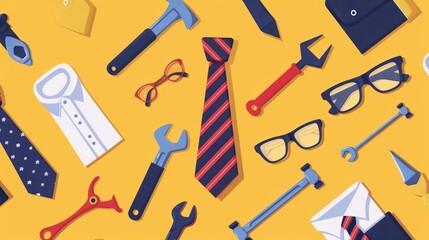 Website banner highlighting Fathers Day, with bold icons of ties and tools on either side, and a spacious area for personalized notes , Modern explosion of fatherly love and respect