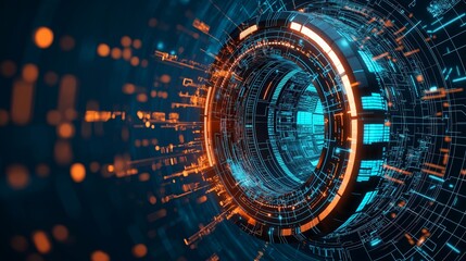 Obraz premium Futuristic abstract background with glowing technology elements, circular patterns, and vibrant colors creating a dynamic visual experience.