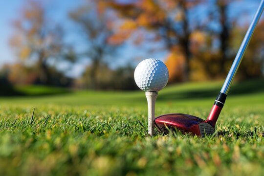 Golf ball on green grass golf course surrounded by red club trees with orange leaves in autumnal colors. Golf equipment outdoor game sport activity leisure hobby pro tournament practice session.