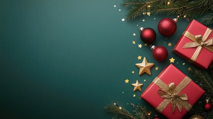 Chic Christmas gift theme with fir twigs, gift boxes, red wrapping, tree ornaments, and gold star confetti on a green background. Ample space provided for promotional text.