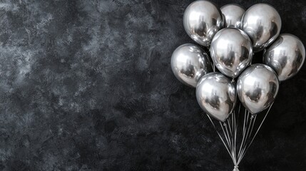 a horizontal banner with a bunch of shiny silver balloons on a black surface