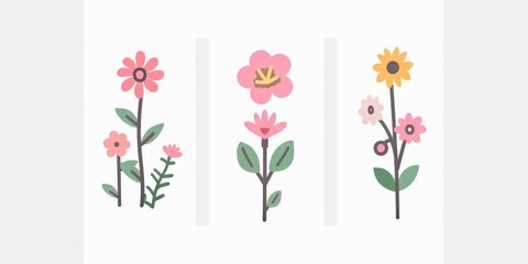 Obraz premium Collection of 2D and 3D Vector Flat Abstract Minimalistic Art of Flowers and Meadow Isolated on a White Background