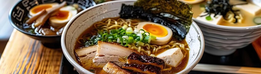 Delicious ramen bowl topped with slices of pork, soft-boiled egg, green onion, and seaweed, perfect for a cozy meal.