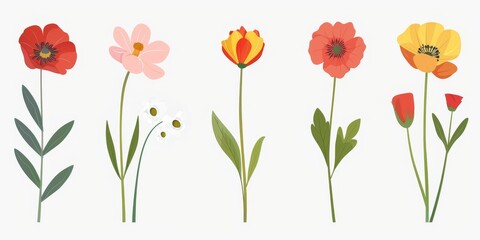 Fototapeta premium Collection of 2D and 3D Vector Flat Abstract Minimalistic Art of Flowers and Meadow Isolated on a White Background