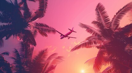 Airplane Flying Over Palm Trees at Sunset
