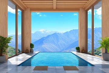 Fototapeta premium Stunning indoor pool with breathtaking mountain view, perfect for relaxation and luxury living in a modern home.