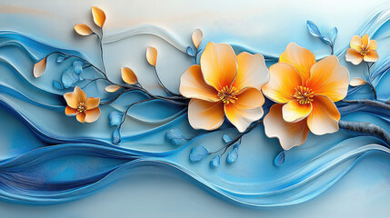 Elegant colorful with vibrant flower hanging branches illustration background. Bright color 3d abstraction wallpaper for interior mural