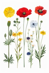 Fototapeta premium Collection of 2D and 3D Vector Flat Abstract Minimalistic Art of Flowers and Meadow Isolated on a White Background