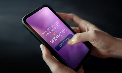 Mental Health Concept. Person Using Tech to Healing and Practicing Mind. Self Care and Soothing Life. Meditation App show on Mobile Phone. Top View