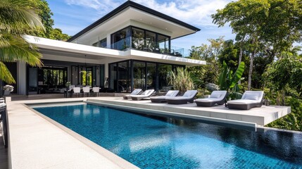 Fototapeta premium High-tech villa in the tropics, featuring a sleek swimming pool and stylish lounge chairs. Modern luxury meets tropical paradise.
