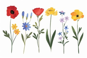 Fototapeta premium Collection of 2D and 3D Vector Flat Abstract Minimalistic Art of Flowers and Meadow Isolated on a White Background