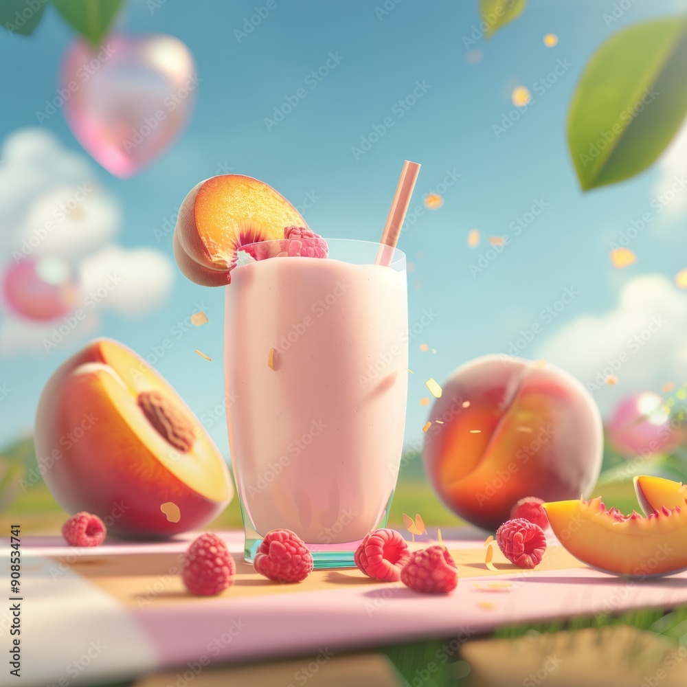 Canvas Prints A glass of pink smoothie with a straw and a slice of peach on the side