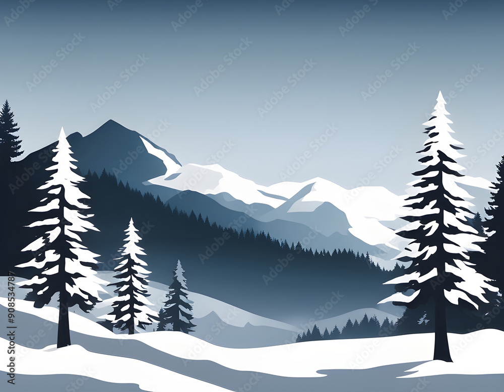 Sticker Winter season trees mountains forest texture, silhouette of coniferous forest background