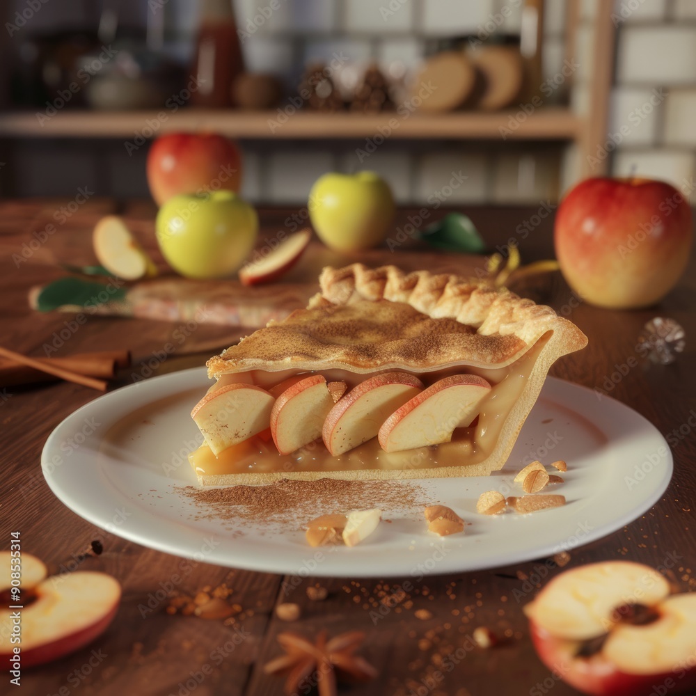 Canvas Prints A slice of apple pie with a cinnamon topping sits on a white plate