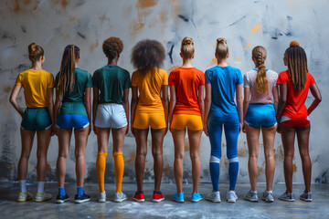 Obraz premium Celebrating Diversity in Sports With Young Athletes in Colorful Attire at a Creative Urban Venue