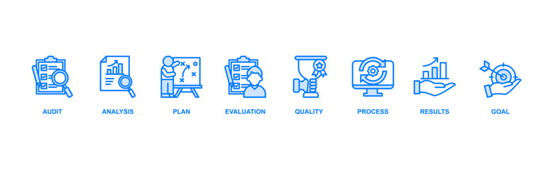 Assessment banner web icon vector illustration for accreditation and evaluation method on business and education with audit, analysis, plan, evaluation, quality,process,results and goal icon