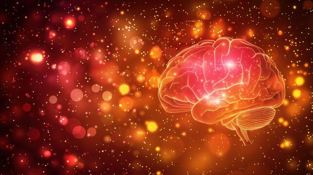 Abstract glowing human brain illustration surrounded by vibrant bokeh lights, symbolizing creativity, intelligence, and innovation.