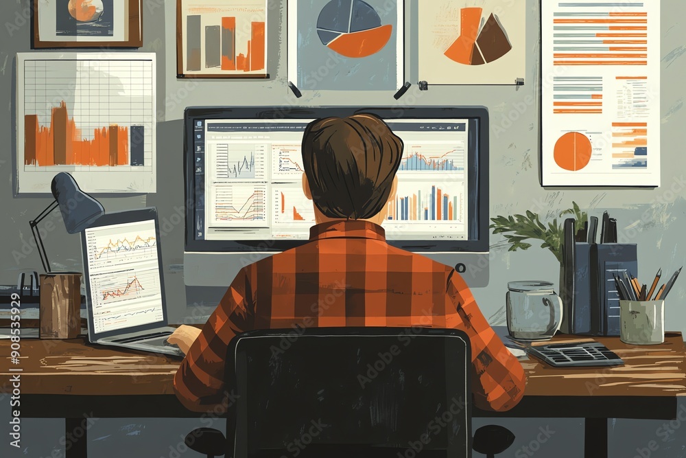 Poster businessman analyzing data and graphs on his computer.