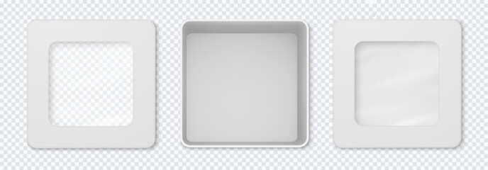 White empty box with open and closed lid, top view. Square gift box with transparent cap, store product container.