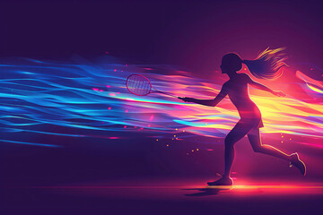 Dynamic Badminton Player in Motion Against Colorful Abstract Background at Sunset