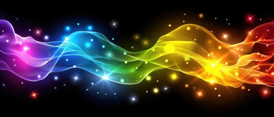 Obraz premium Colorful abstract wave with light particles on a black background, representing energy, motion, and creativity.