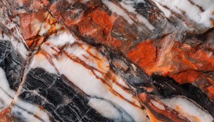 The texture of the rock with splashes of red, white, black and orange, similar to granite and marble
