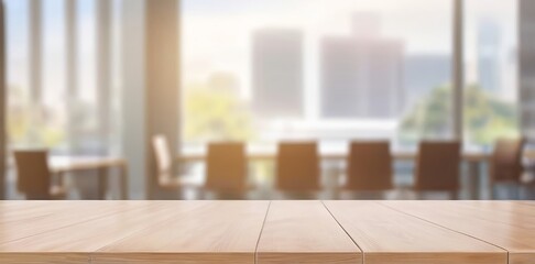 Fototapeta premium Empty Wooden Tabletop with Defocused Blurred Background of Window and Office Interior, Ideal for Product Display. Made with Generative AI Technology