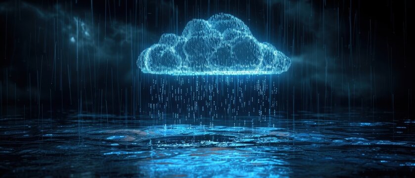 Futuristic digital cloud raining binary code over water, representing data, technology, and information sharing in a modern world.