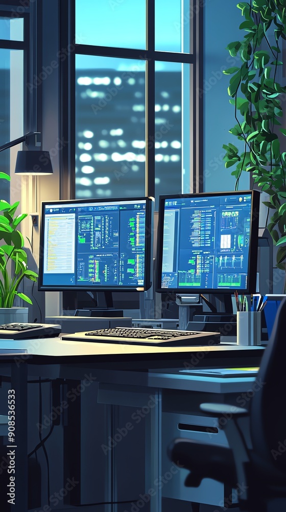 Poster Modern office workspace with two computer monitors.