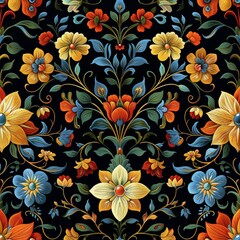 Floral Pattern with Yellow, Blue, and Orange Flowers