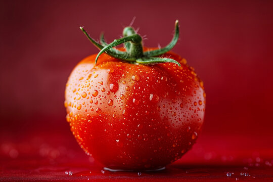 isolated red tomato with water drops on red background