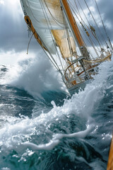 Dynamic Regatta Adventure on a Historic Sailing Ship Amidst Dramatic Clouds and Waves