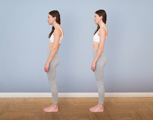 Good posture and bad posture of a woman, side view
